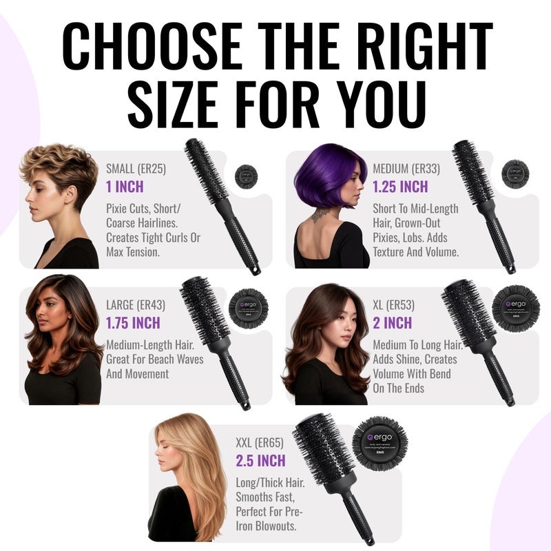 ERGO Ceramic Ionic Round Brush for Blow Out - Salon Quality Hair Brushes for Women - Roller Brush for Blow Drying, Wet and Dry Hair Styling, Volumizing Hair Care - ER65: 2.5" - Image 2